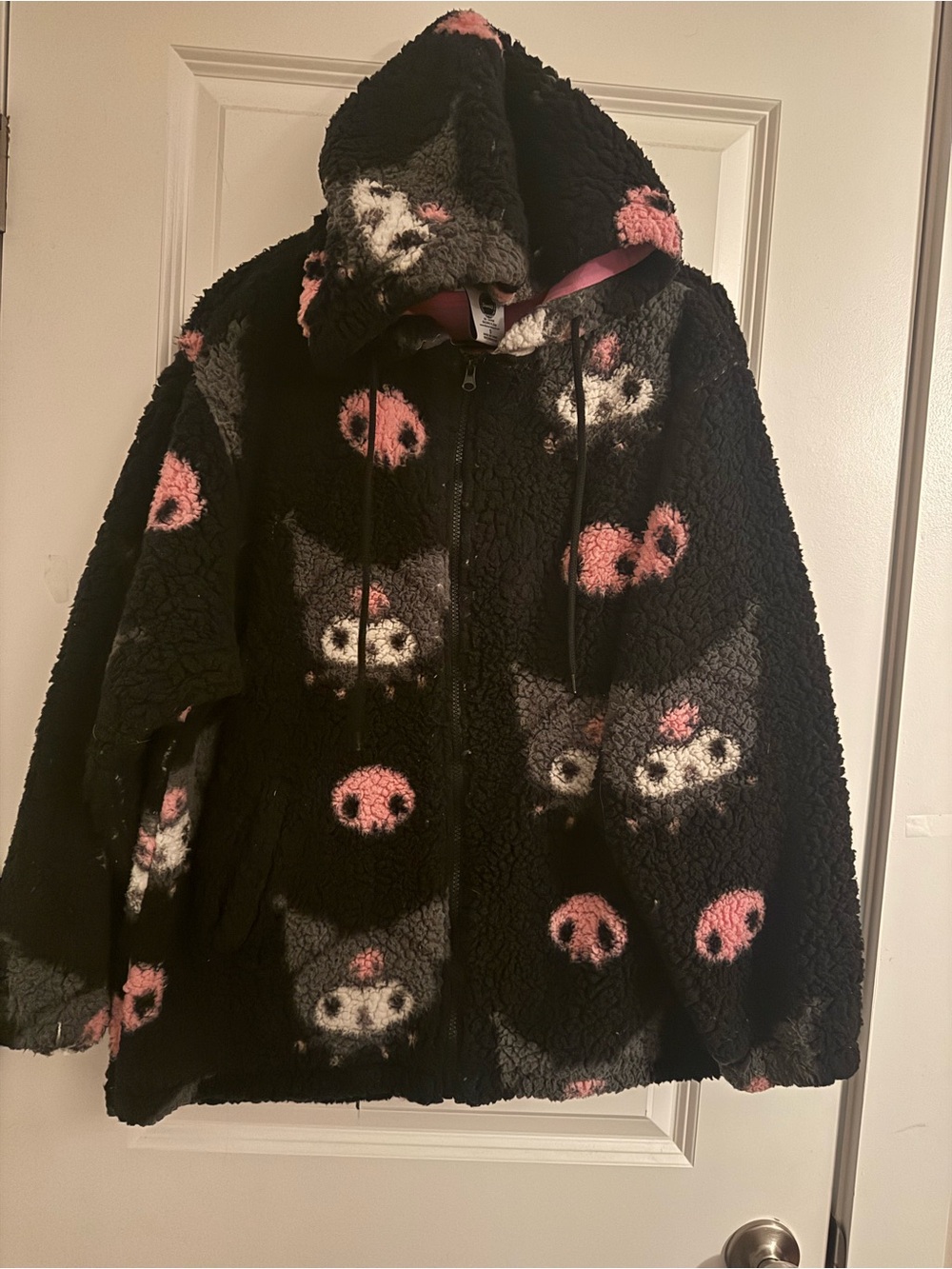 Black Fleece Zip Hoodie with Pink & White Cartoon Faces